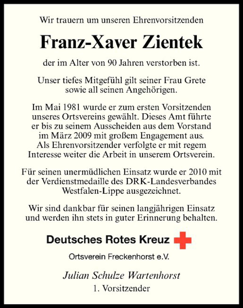  Traueranzeige für Franz-Xaver Zientek vom 20.03.2018 aus Westfälische Nachrichten