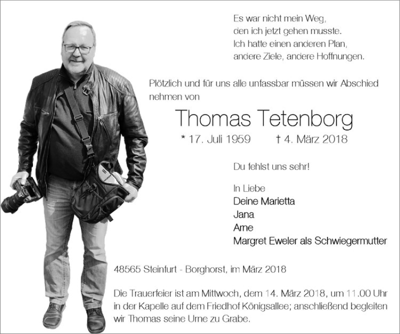  Traueranzeige für Thomas Tetenborg vom 10.03.2018 aus Westfälische Nachrichten