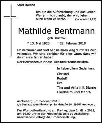 Anzeige von Mathilde Bentmann von Westfälische Nachrichten