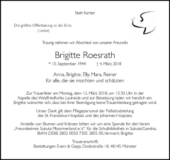 Anzeige von Brigitte Roesrath von Westfälische Nachrichten