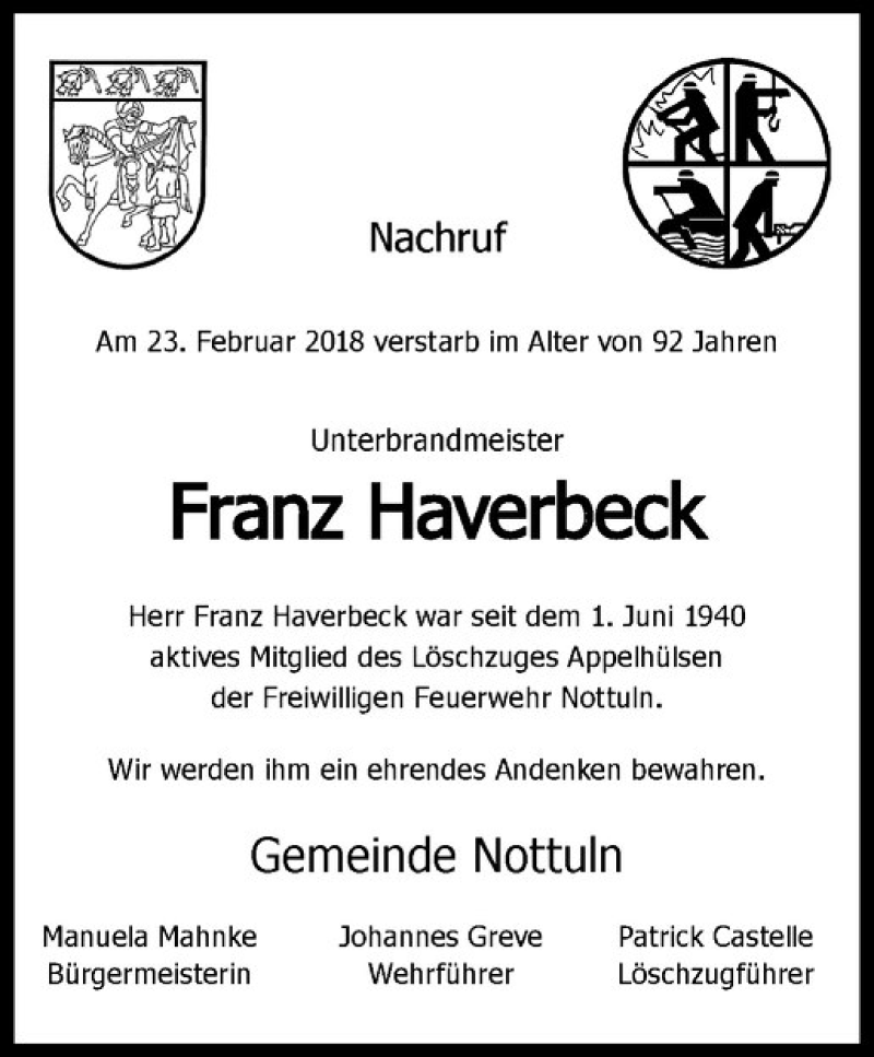  Traueranzeige für Franz Haverbeck vom 02.03.2018 aus Westfälische Nachrichten