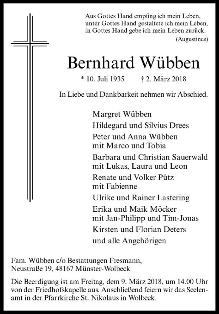  Traueranzeige für Bernhard Wübben vom 07.03.2018 aus Westfälische Nachrichten