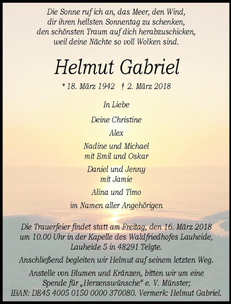  Traueranzeige für Helmut Gabriel vom 10.03.2018 aus Westfälische Nachrichten