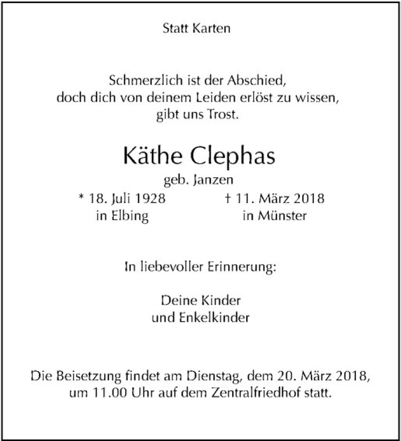  Traueranzeige für Käthe Clephas vom 19.03.2018 aus Westfälische Nachrichten