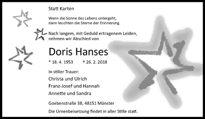  Traueranzeige für Doris Hanses vom 15.03.2018 aus Westfälische Nachrichten