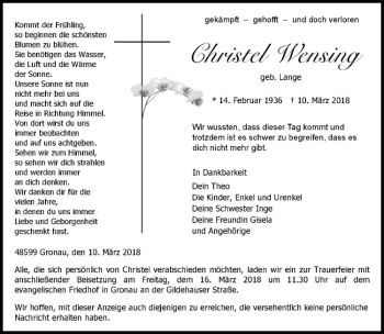 Anzeige von Christel Wensing von Westfälische Nachrichten