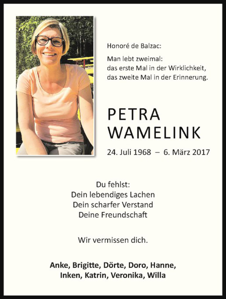  Traueranzeige für Petra Wamelink vom 10.03.2018 aus Westfälische Nachrichten
