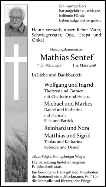 Anzeige von Mathias Sentef von Westfälische Nachrichten