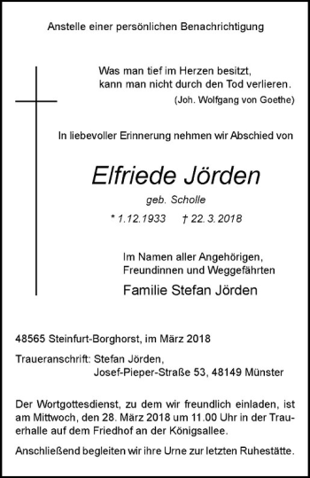 Anzeige von Elfriede Jörden von Westfälische Nachrichten