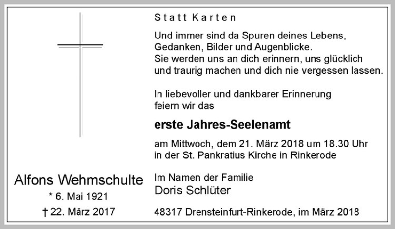  Traueranzeige für Alfons Wehmschulte vom 17.03.2018 aus Westfälische Nachrichten