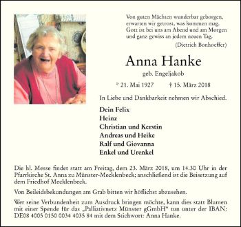 Anzeige von Anna Hanke von Westfälische Nachrichten
