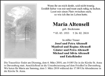 Anzeige von Maria Altensell von Westfälische Nachrichten