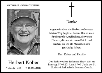 Anzeige von Herbert Kober von Westfälische Nachrichten