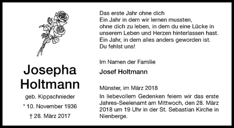  Traueranzeige für Josepha Holtmann vom 24.03.2018 aus Westfälische Nachrichten