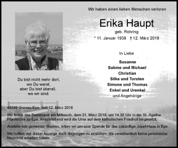 Anzeige von Erika Haupt von Westfälische Nachrichten