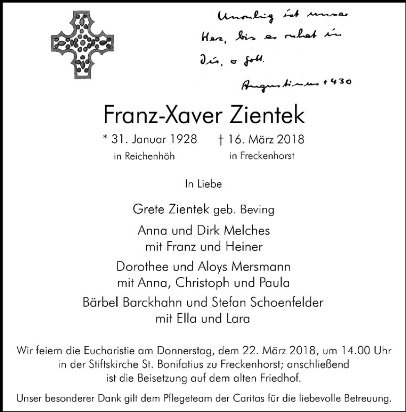  Traueranzeige für Franz-Xaver Zientek vom 19.03.2018 aus Westfälische Nachrichten