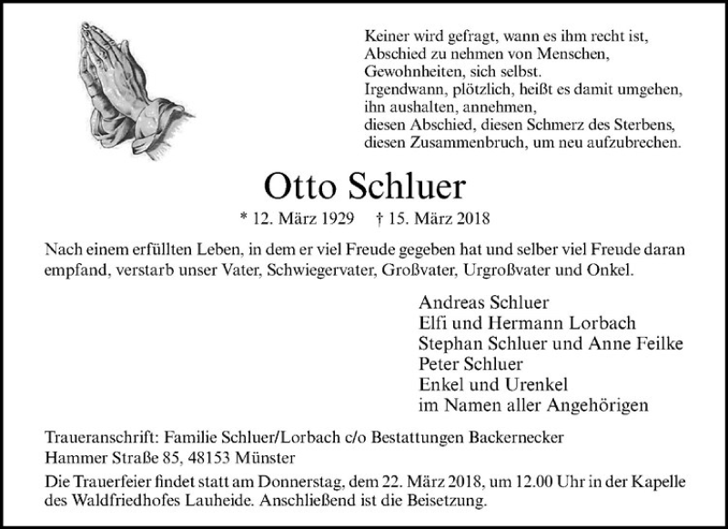  Traueranzeige für Otto Schluer vom 20.03.2018 aus Westfälische Nachrichten