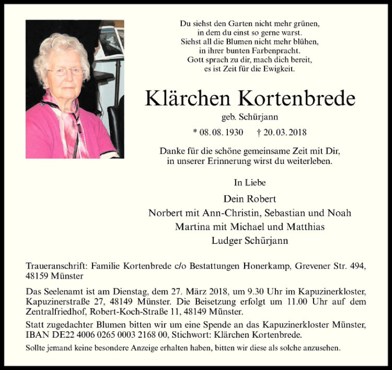 Traueranzeige für Klärchen Kortenbrede vom 24.03.2018 aus Westfälische Nachrichten