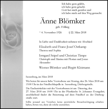 Anzeige von Änne Blömker von Westfälische Nachrichten