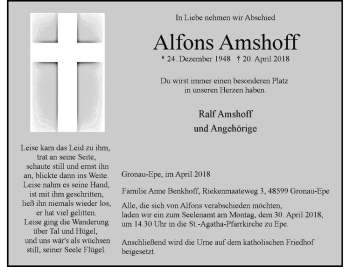 Anzeige von Alfons Amshoff von Westfälische Nachrichten