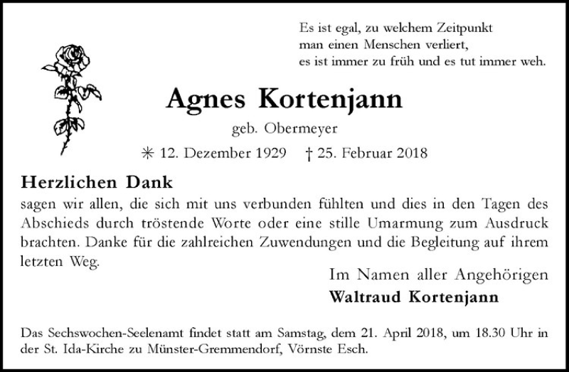  Traueranzeige für Agnes Kortenjann vom 18.04.2018 aus Westfälische Nachrichten
