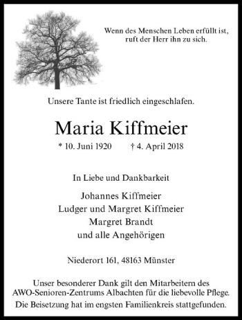 Anzeige von Maria Kiffmeier von Westfälische Nachrichten