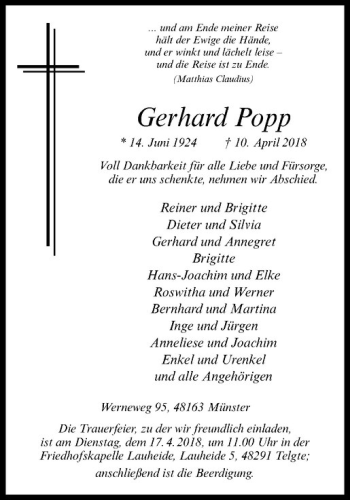 Anzeige von Gerhard Popp von Westfälische Nachrichten