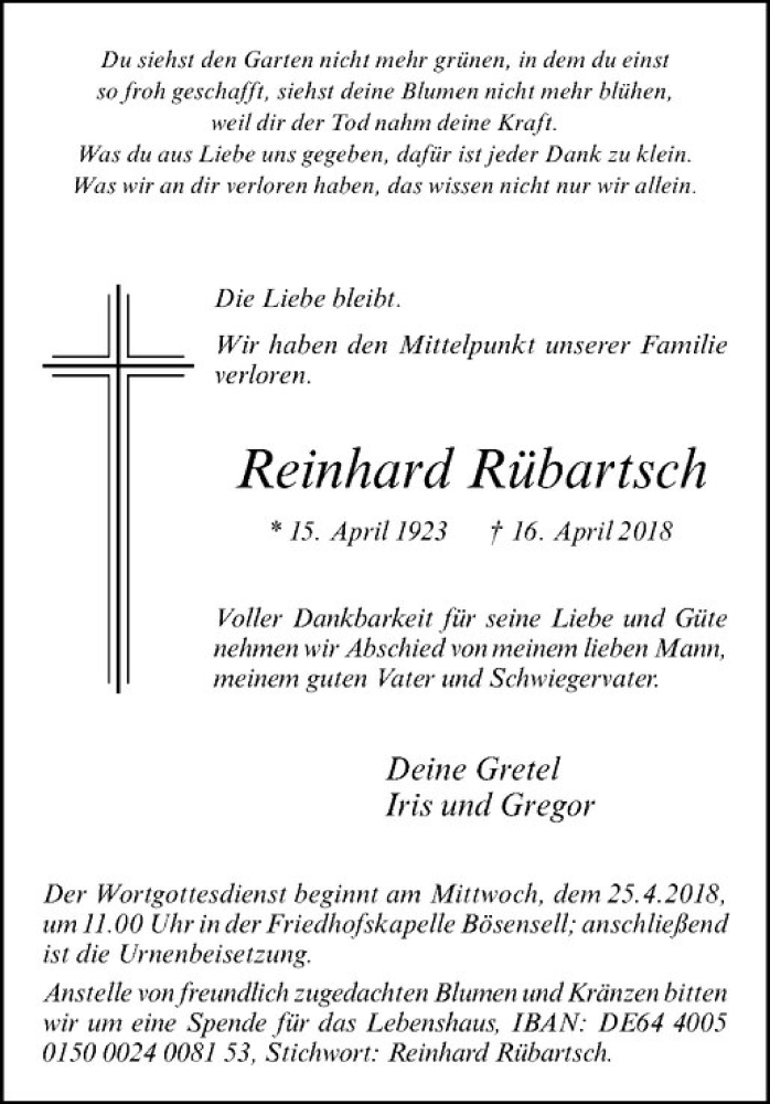  Traueranzeige für Reinhard Rübartsch vom 21.04.2018 aus Westfälische Nachrichten