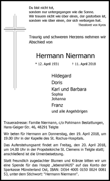 Anzeige von Hermann Niermann von Westfälische Nachrichten