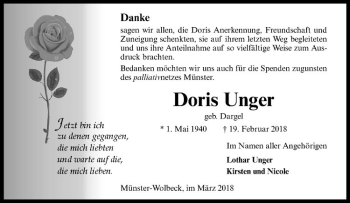 Anzeige von Doris Unger von Westfälische Nachrichten