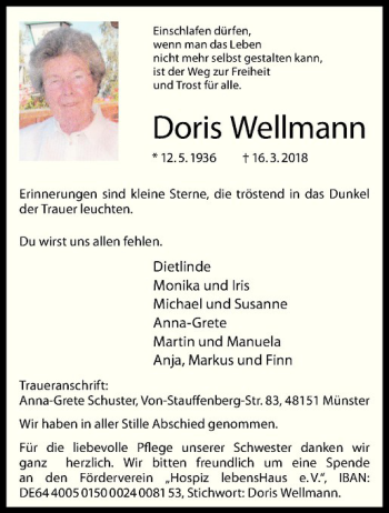 Anzeige von Doris Wellmann von Westfälische Nachrichten