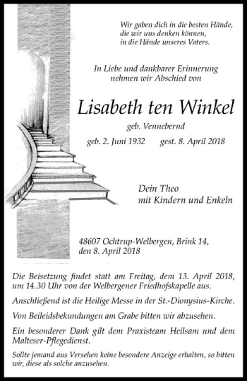Anzeige von Lisabeth ten Winkel von Westfälische Nachrichten