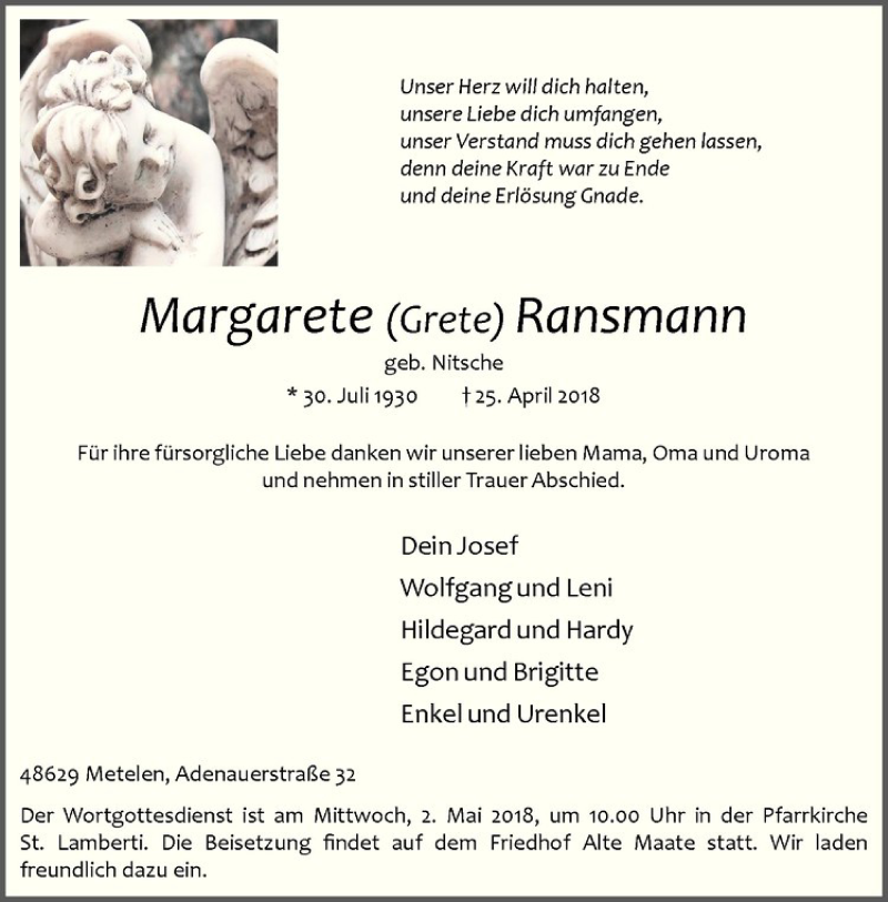  Traueranzeige für Margarete Ransmann vom 28.04.2018 aus Westfälische Nachrichten