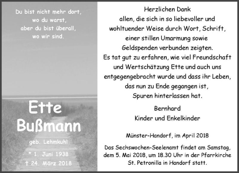  Traueranzeige für Ette Bußmann vom 28.04.2018 aus Westfälische Nachrichten