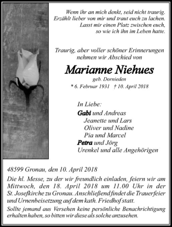 Anzeige von Marianne Niehues von Westfälische Nachrichten