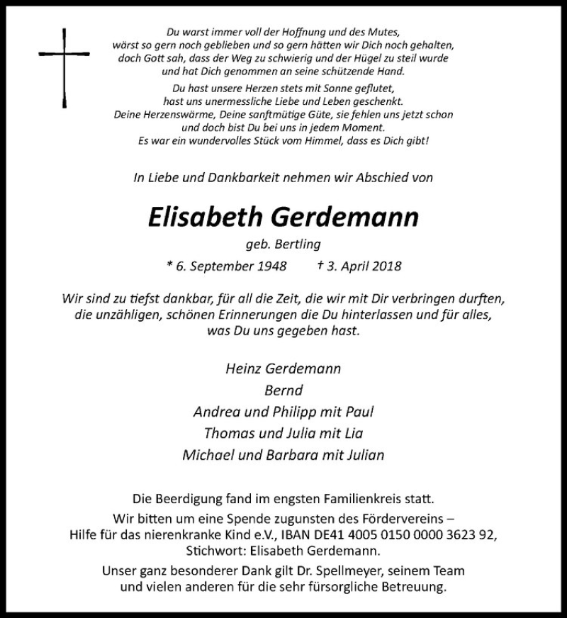  Traueranzeige für Elisabeth Gerdemann vom 12.04.2018 aus Westfälische Nachrichten