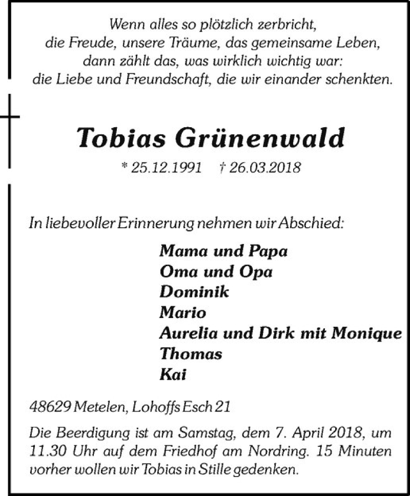  Traueranzeige für Tobias Grünenwald vom 05.04.2018 aus Westfälische Nachrichten