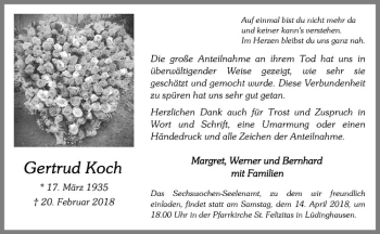 Anzeige von Gertrud Koch von Westfälische Nachrichten