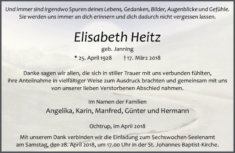  Traueranzeige für Elisabeth Heitz vom 25.04.2018 aus Westfälische Nachrichten