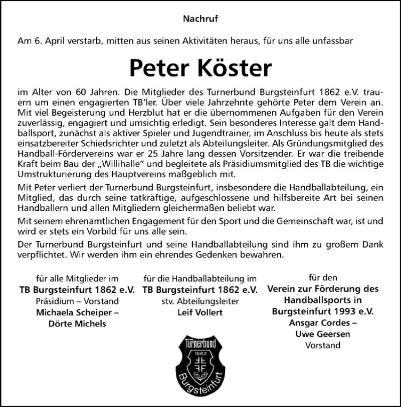  Traueranzeige für Peter Köster vom 12.04.2018 aus Westfälische Nachrichten