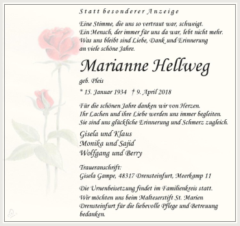 Anzeige von Marianne Hellweg von Westfälische Nachrichten