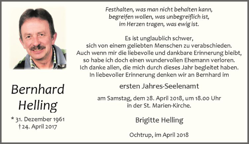  Traueranzeige für Bernhard Helling vom 25.04.2018 aus Westfälische Nachrichten