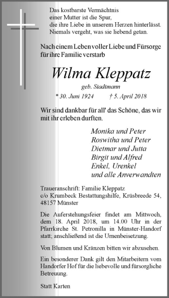 Anzeige von Wilma Kleppatz von Westfälische Nachrichten