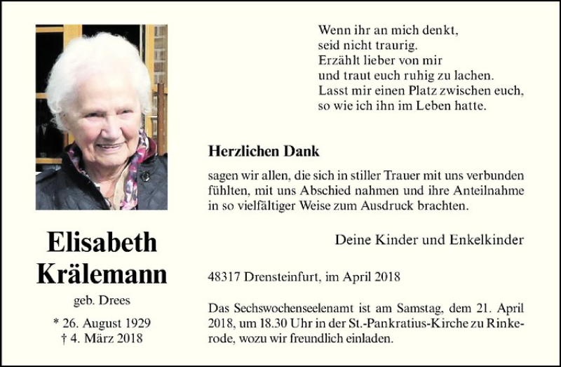 Traueranzeige für Elisabeth Krälemann vom 14.04.2018 aus Westfälische Nachrichten