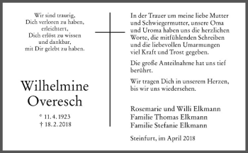 Anzeige von Wilhelmine Overesch von Westfälische Nachrichten