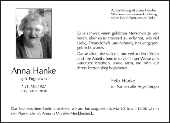 Anzeige von Anna Hanke von Westfälische Nachrichten