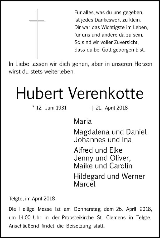  Traueranzeige für Hubert Verenkotte vom 25.04.2018 aus Westfälische Nachrichten