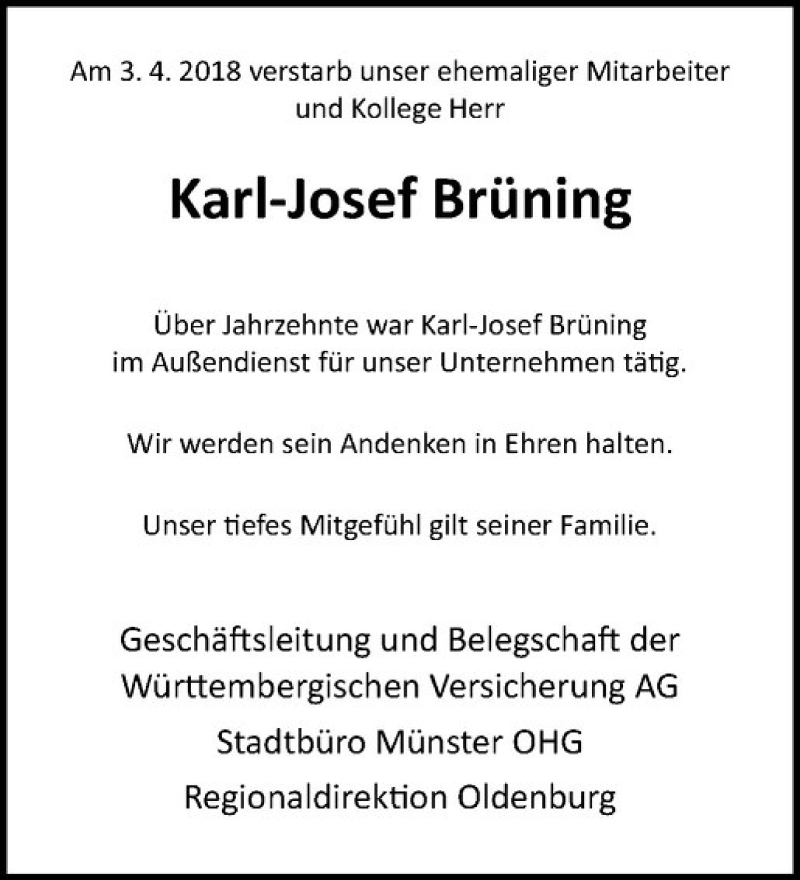  Traueranzeige für Karl Brüning vom 14.04.2018 aus Westfälische Nachrichten