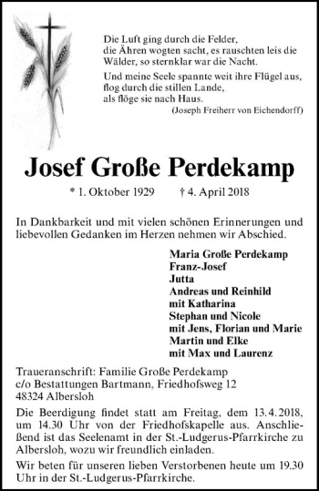Anzeige von Josef Große Perdekamp von Westfälische Nachrichten