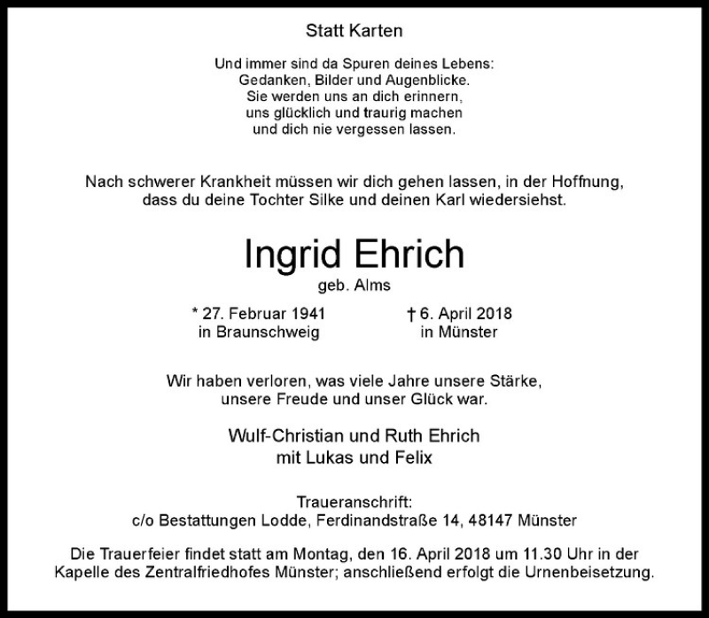  Traueranzeige für Ingrid Ehrich vom 11.04.2018 aus Westfälische Nachrichten